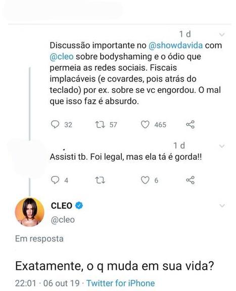 Cleo rebate críticas após desabafo sobre compulsão alimentar