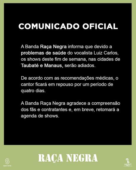 Vocalista Luiz Carlos sofreu uma crise hipertensiva e cancelou shows do grupo Raça Negra