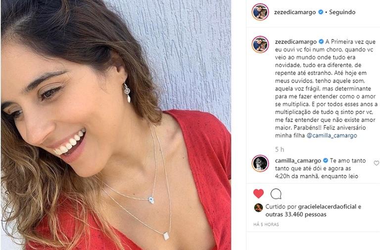 Camilla Camargo completa 34 anos e ganha homenagem do pai, Zezé di Camargo