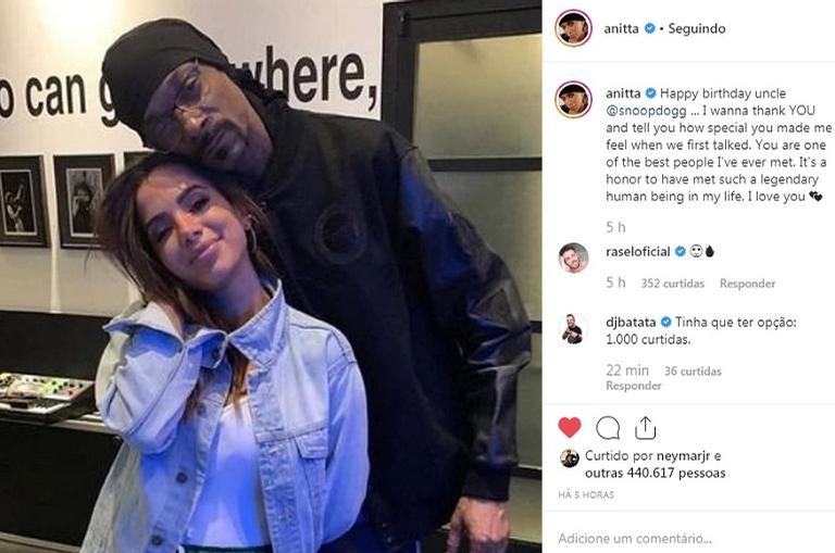 Anitta deseja feliz aniversário para o rapper internacional Snoop Dogg