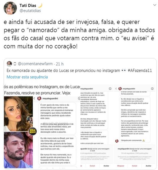 Tati Dias se pronuncia sobre rompimento de Hariany e Lucas