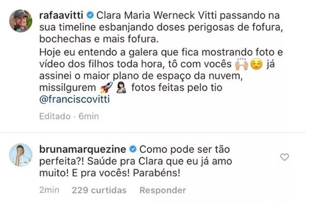 Bruna Marquezine comenta foto de Clara Maria e Rafael Vitti