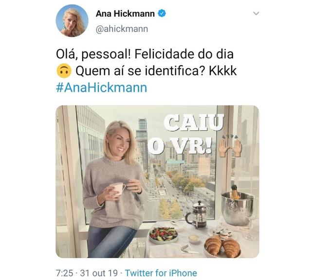 Ana Hickmann faz brincadeira sobre VR