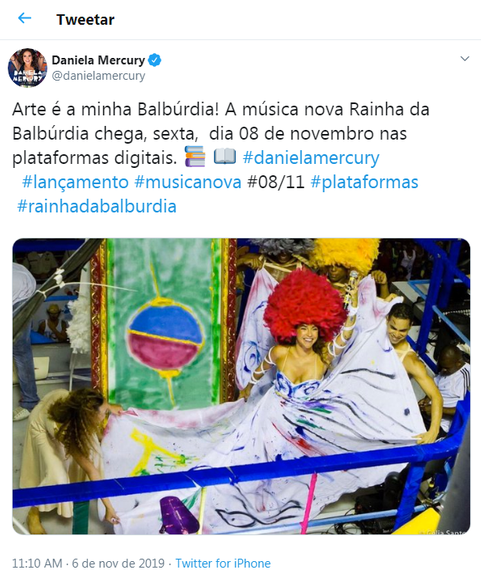 Tweet de Daniela Mercury sobre novo single