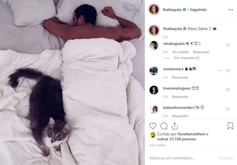 Thaila Ayala faz brincadeira com foto do marido e do pet