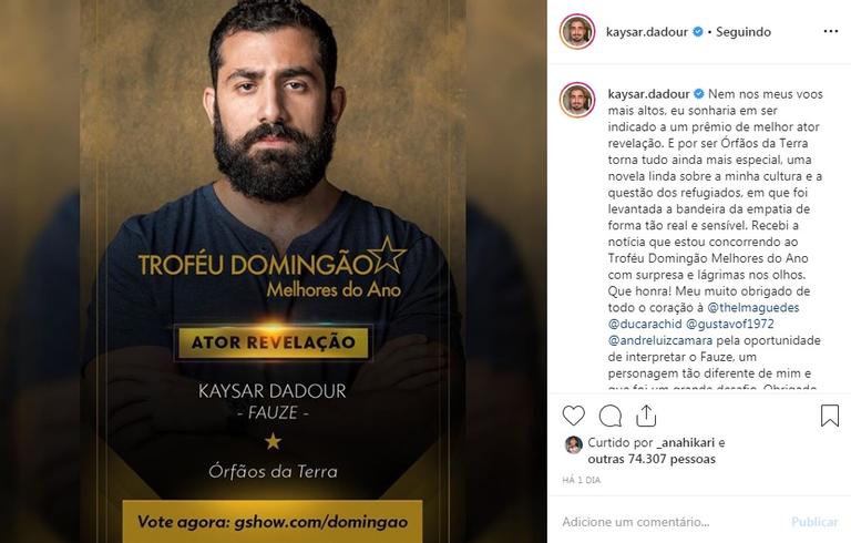 Kaysar Dadour é indicado à premiação e faz texto agradecendo