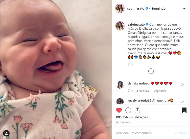 Sabrina Sato parabeniza pai com registro fofo da filha com menos de um mês