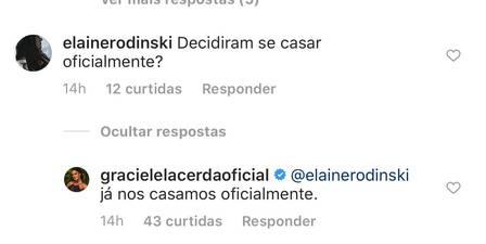 Graciele Lacerda responde fã nas redes sociais