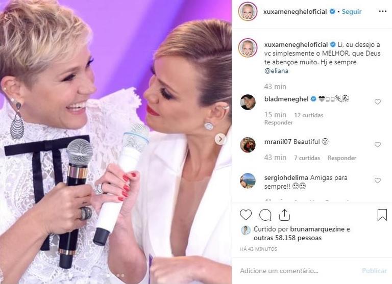 Xuxa parabeniza Eliana pelo seu aniversário de 46 anos