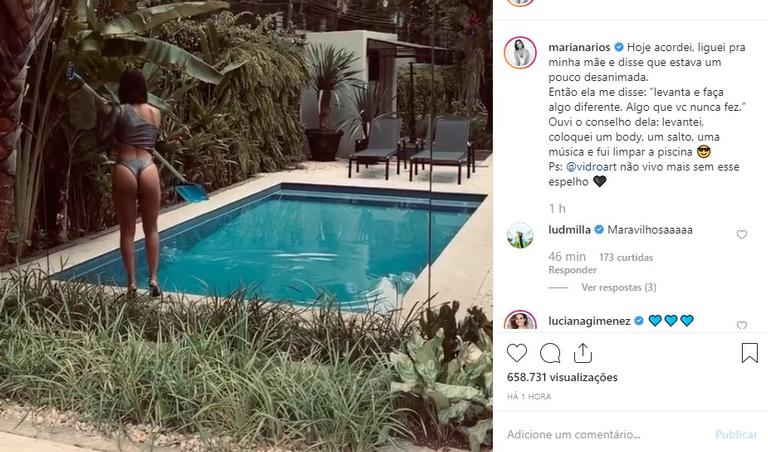 Mariana Rios limpando a piscina