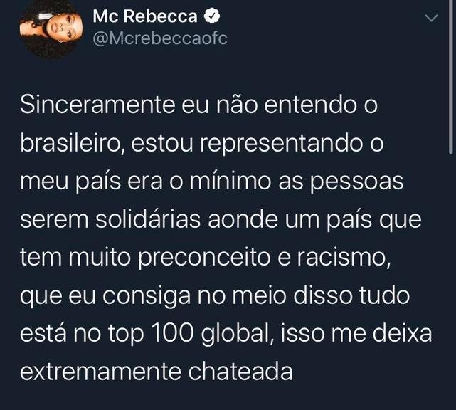 MC Rebecca desabafa após ataques racistas