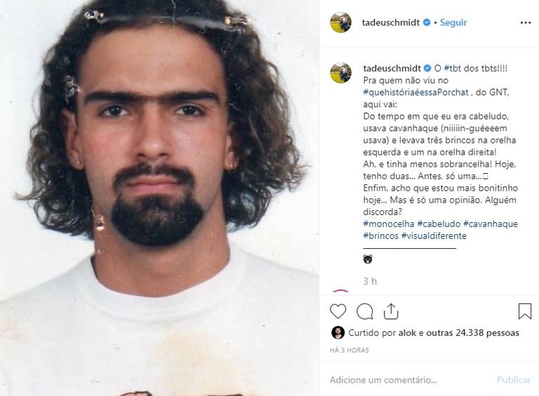 Tadeu Schmidt posta foto antiga e arranca risadas dos fãs