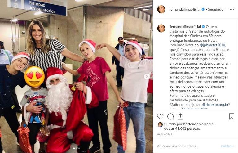 Fernanda Lima registrou um momento incrível que viveu ao lado dos filhos fazendo ação social em um hospital de São Paulo