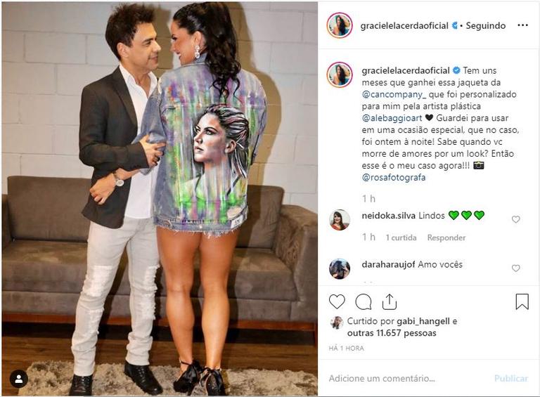 A influenciadora digital ganhou uma jaqueta personalizada e aproveitou o show de Zezé para arrasar no look