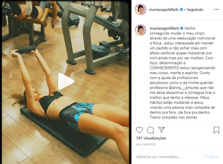 Mariana Goldfarb exibe treino de academia e desabafa sobre nova rotina