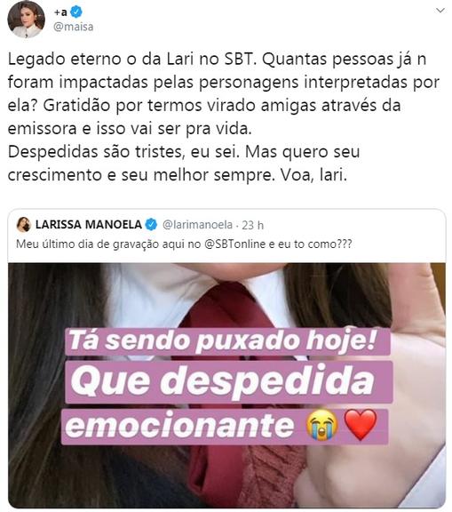 Maisa fala sobre saída de Larissa Manoela do SBT