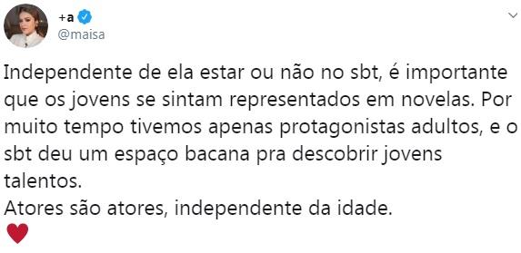 Maisa fala sobre saída de Larissa Manoela do SBT