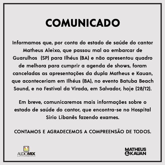 Matheus e Kauan cancelam show após internação de Matheus 