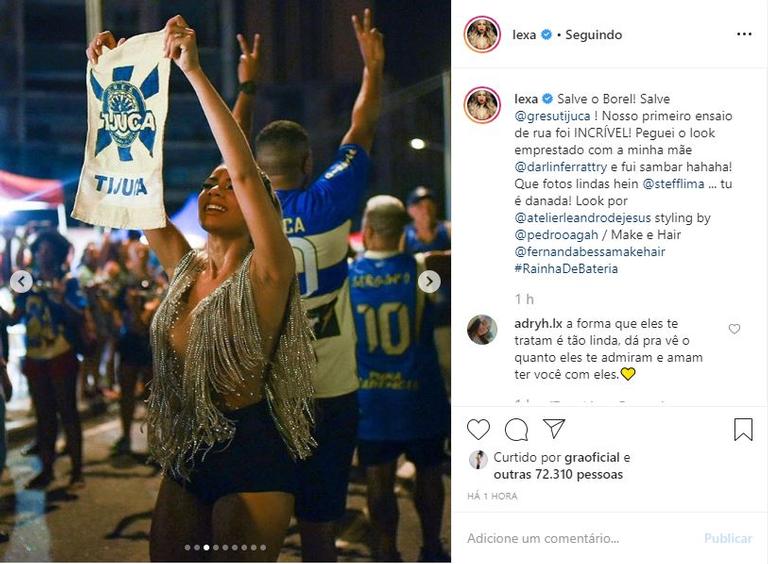 Rainha de bateria da Unidos da Tijuca, Lexa curtiu muito o primeiro ensaio de 2020 da agremiação 