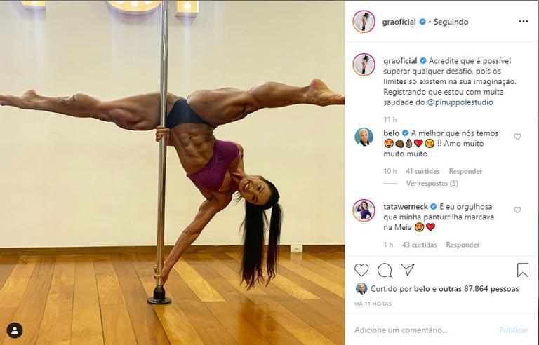 A modelo surpreendeu ao aparecer bem flexível no pole dance e arrancou elogios do maridão e de seguidores 