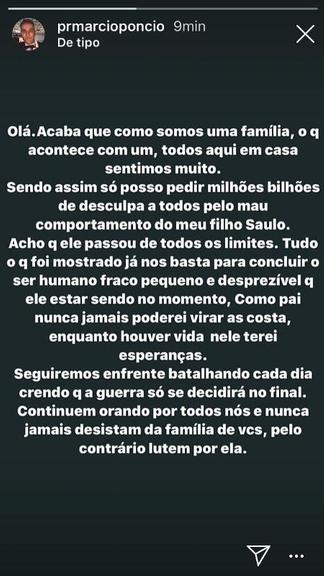 Pai do cantor usou suas redes para se pronunciar sobre o caso