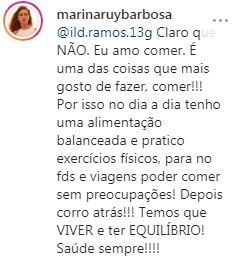 Marina Ruy Barbosa rebate internauta sobre distúrbio alimentar