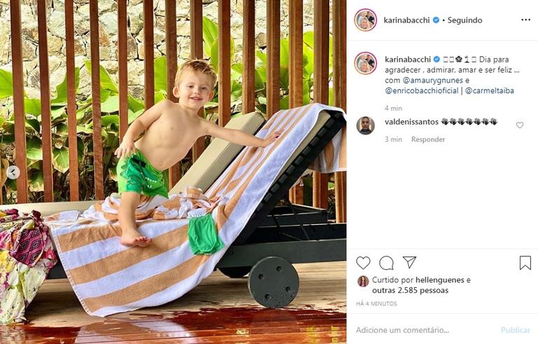 Karina Bacchi, Amaury Nunes e Enrico curtem dia na piscina