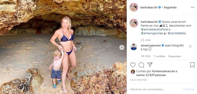 Karina Bacchi leva Enrico para explorar caverna em viagem