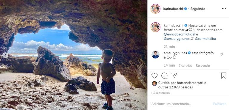 Karina Bacchi leva Enrico para explorar caverna em viagem