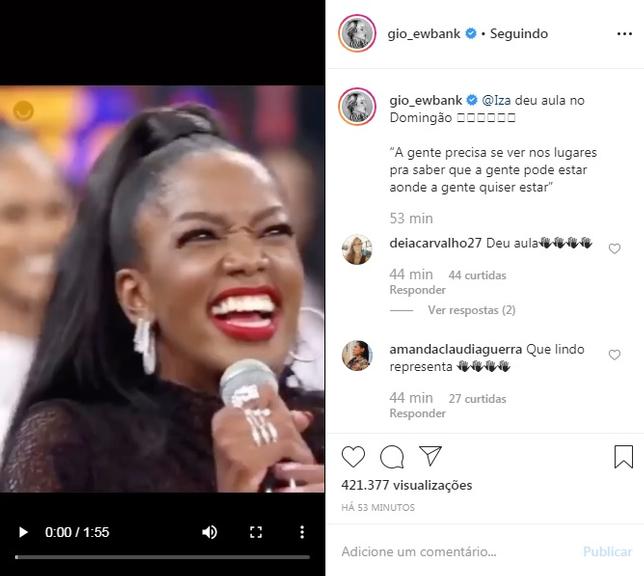 Giovanna Ewbank elogia Iza por conta de discurso feito em Domingão do Faustão