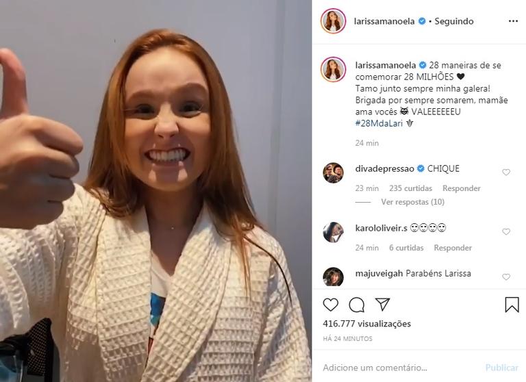 Larissa Manoela atinge 28 milhões de seguidores e agradece