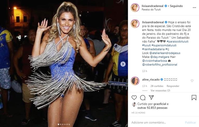 Lívia Andrade encanta a web em ensaio de escola de samba