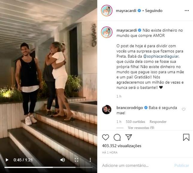 Mayra Cardi e Arthur Aguiar presenteiam babá de Sophia