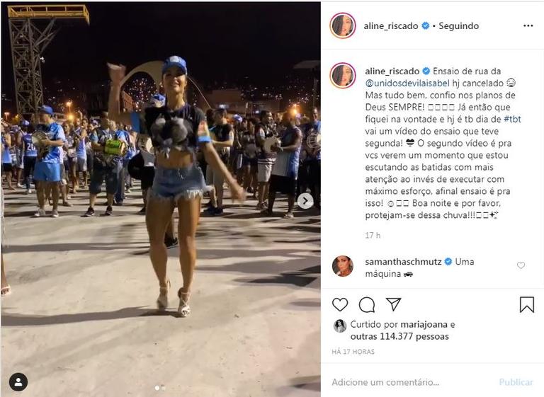 A bailarina fez um post lamentando a falta de ensaio na última quinta-feira, 30, mas decidiu postar alguns vídeos de ensaios antigos da agremiação 