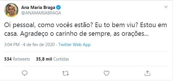 Ana Maria Braga desabafa no Twitter