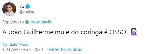 Maisa critica comentário de João Gui