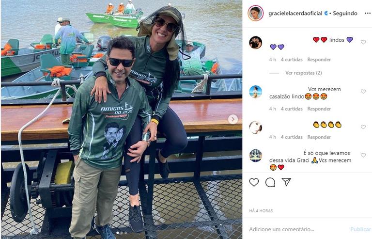 Graciele Lacerda e Zezé Di Camargo pescando