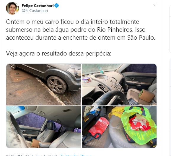 Felipe Castanhari mostra seu carro após enchente