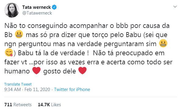 Tata Werneck conta que está torcendo por Babu