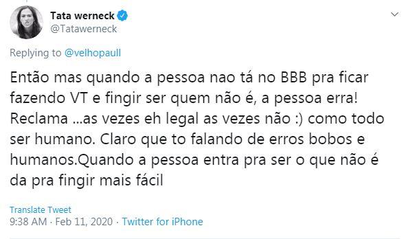 Tata Werneck está torcendo por Babu