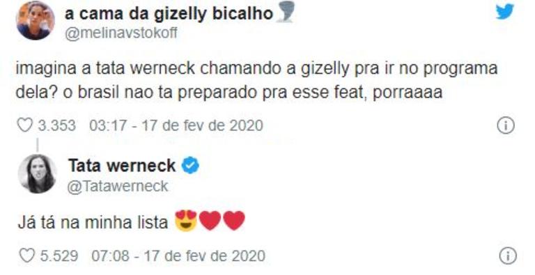 Tatá Werneck conta que quer Gizelly, do BBB20, no Lady Night