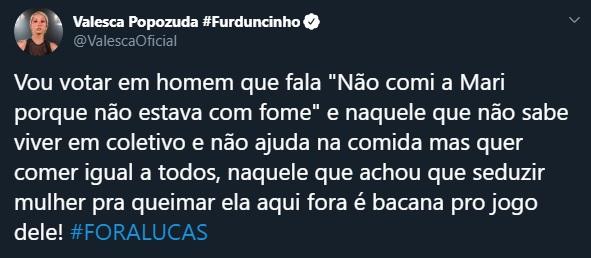 Valesca Popozuda pede eliminação de Lucas no BBB