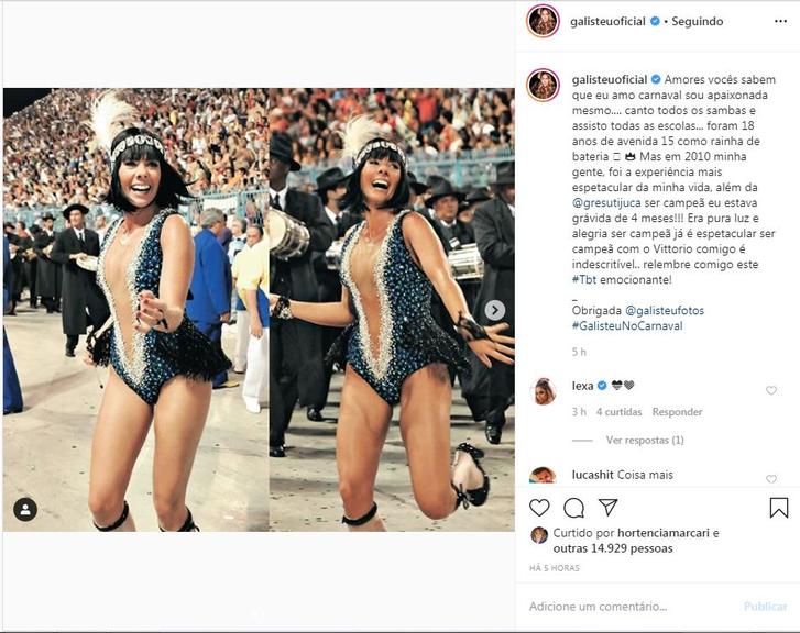 Em clima de TBT, Adriane Galisteu relembrou a época em que desfilava na passarela do samba