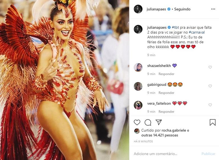 Juliana Paes compartilha clique de Carnaval e encanta a web