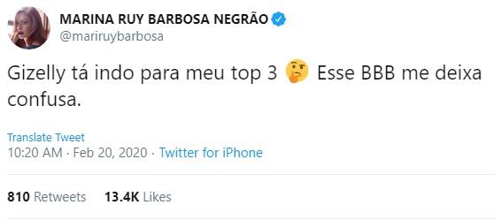 Marina Ruy Barbosa comenta BBB