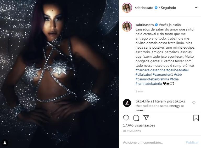 Em clima de Carnaval, Sabrina Sato posta vídeo ousado