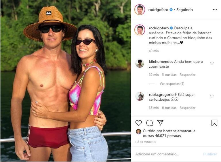 Rodrigo Faro e a esposa, Vera Viel, usaram as redes sociais para se declarar após passarem o Carnaval afastado da folia 