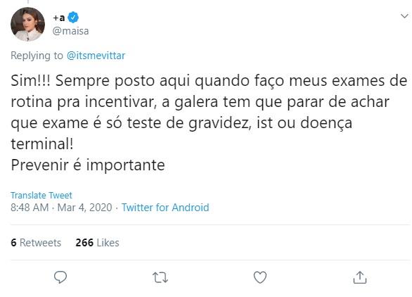 Maisa desabafa na web depois de ser questionada sobre exames