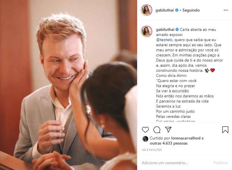 Recém-casada, Gabi Luthai se declara para Téo Teló na web