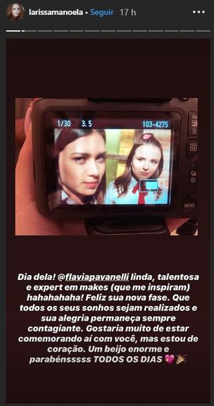 Larissa Manoela parabeniza Flávia Pavanelli